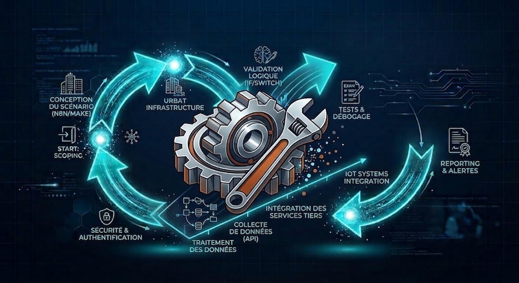Exemple de style illustrant Mise en œuvre automatisation (Make.com / n8n)